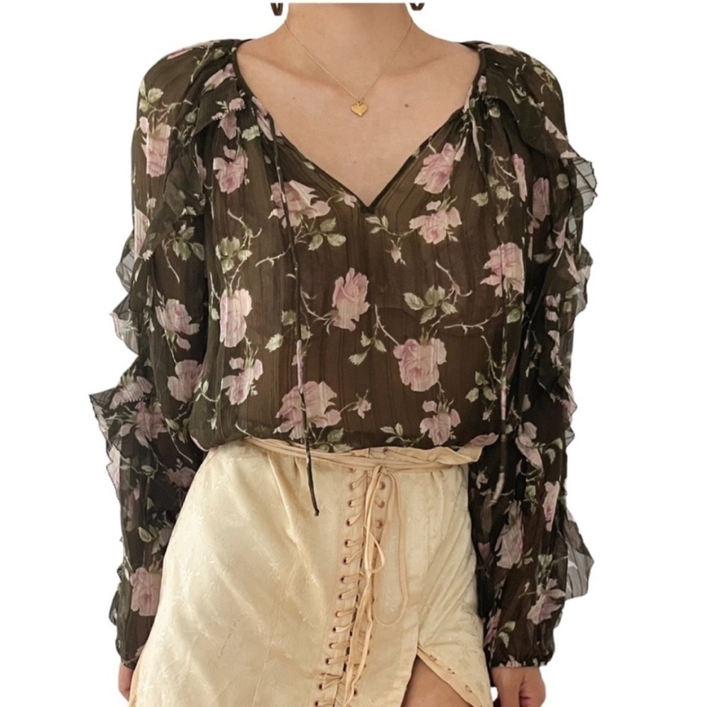 Ulla Johnson Azalea Floral Blouse Designer Ruffled Sheer Flowing 100% Silk